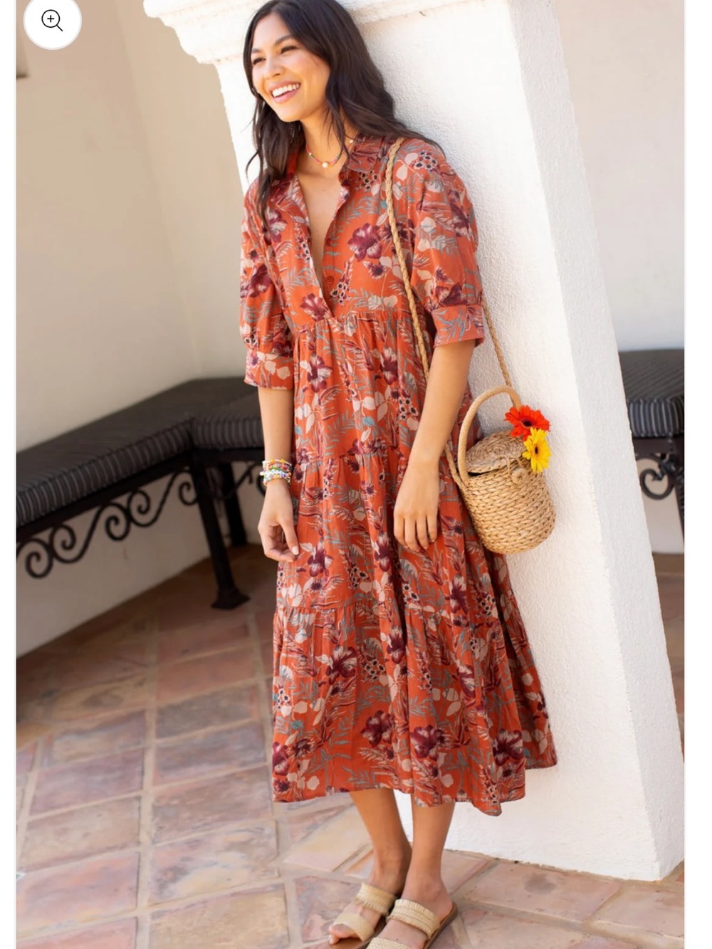 Natural Life Rebecca Boho Midi Dress Rust Tropical Floral With Pockets Medium